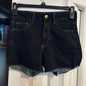 Dark Denim Jean Shorts with Frayed Hem and High-Waisted Design